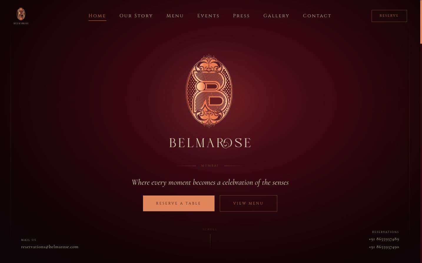 BELMAROSE homepage with its burgundy and gold identity